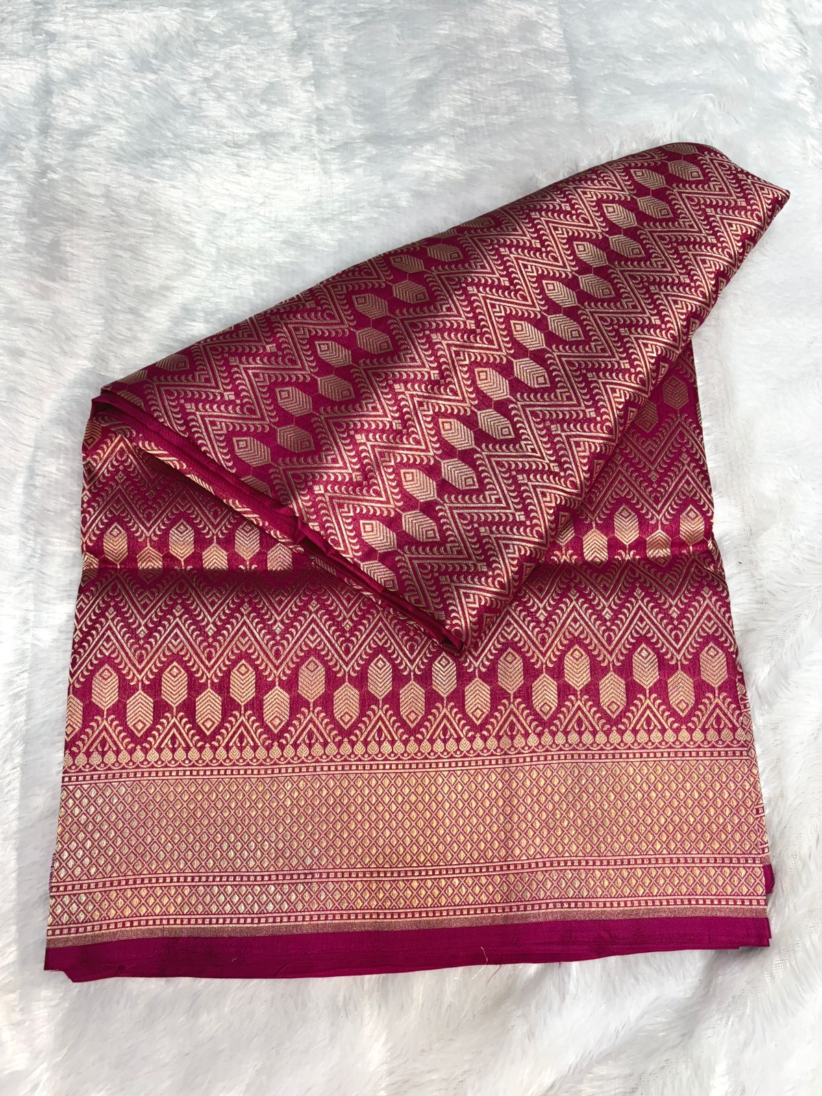 Rani Pink Pure Katan Silk Banarasi Saree with Geometric Chevron Jaal & Champagne Gold Zari