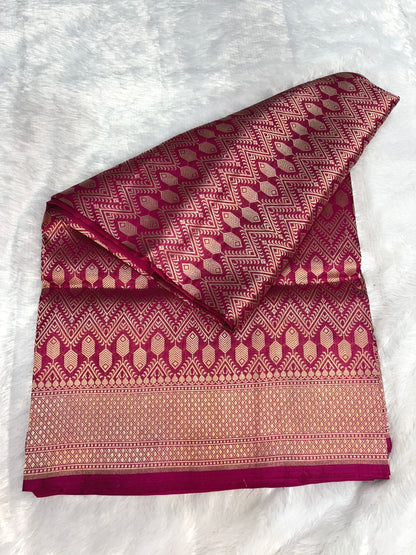 Rani Pink Pure Katan Silk Banarasi Saree with Geometric Chevron Jaal & Champagne Gold Zari