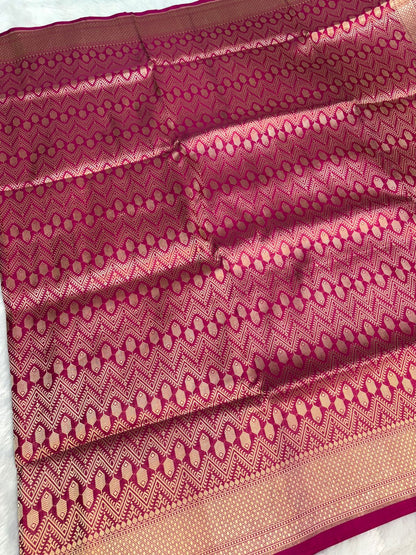 Rani Pink Pure Katan Silk Banarasi Saree with Geometric Chevron Jaal & Champagne Gold Zari