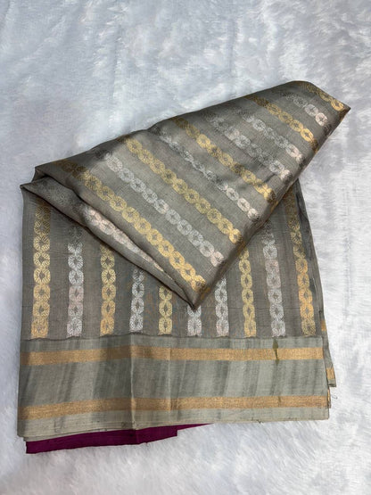 Raw Mango Steel Grey Handloom Silk Saree with Sona Rupa Zari Stripes and Minimalist Border