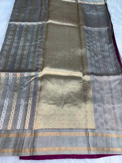 Raw Mango Steel Grey Handloom Silk Saree with Sona Rupa Zari Stripes and Minimalist Border
