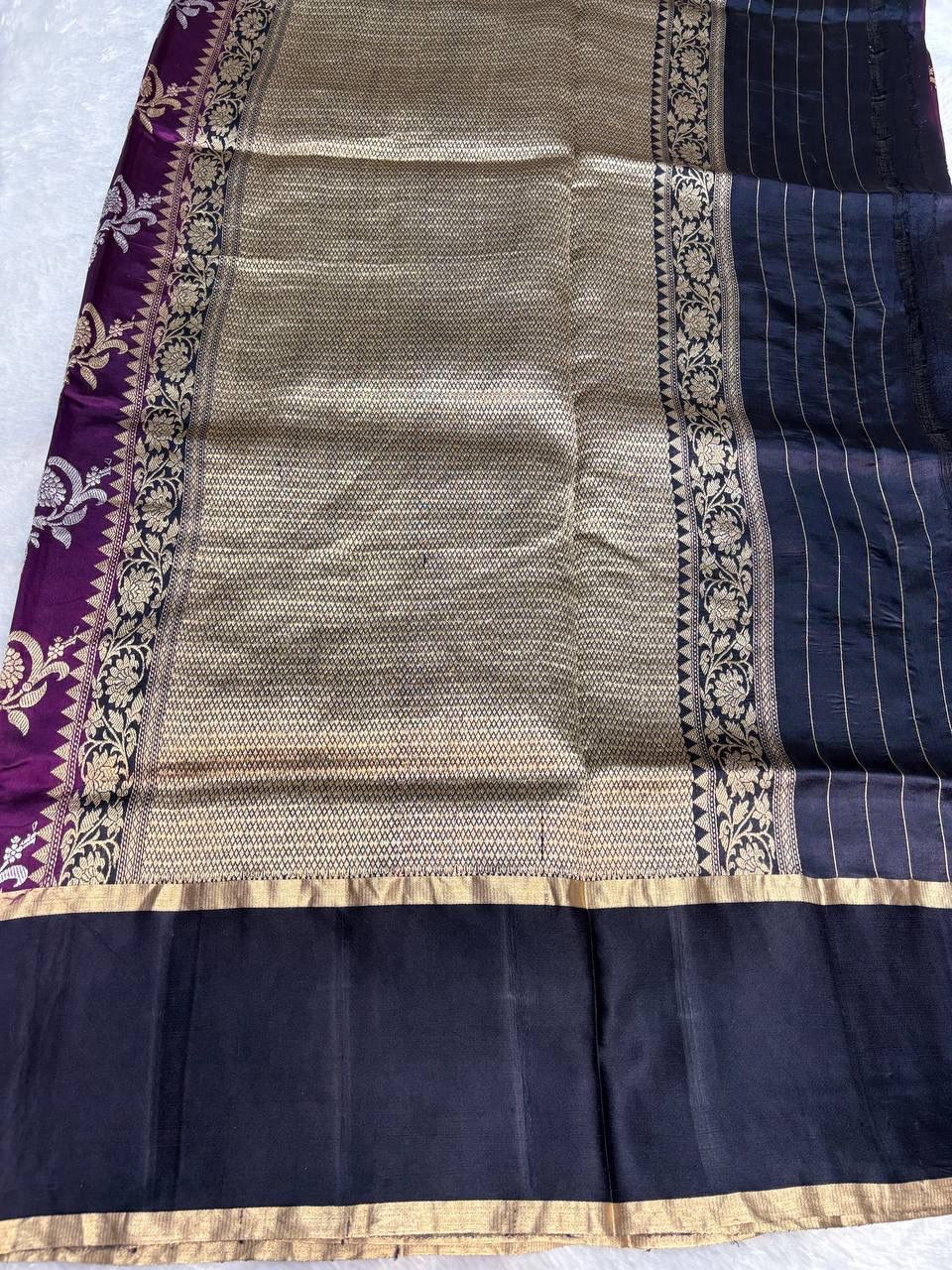 Raw Mango Plum Handloom Silk Saree with Sona Rupa Floral Belts and Contrast Navy Border