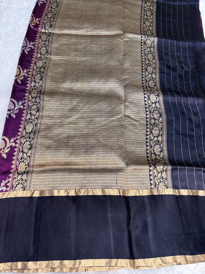 Raw Mango Plum Handloom Silk Saree with Sona Rupa Floral Belts and Contrast Navy Border