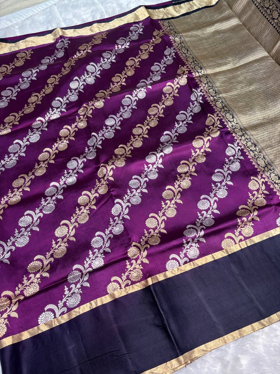 Raw Mango Plum Handloom Silk Saree with Sona Rupa Floral Belts and Contrast Navy Border