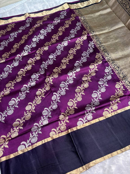 Raw Mango Plum Handloom Silk Saree with Sona Rupa Floral Belts and Contrast Navy Border