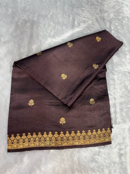 Raw Mango Coffee Brown Handloom Silk Saree with Gold Zari Butis and Traditional Border