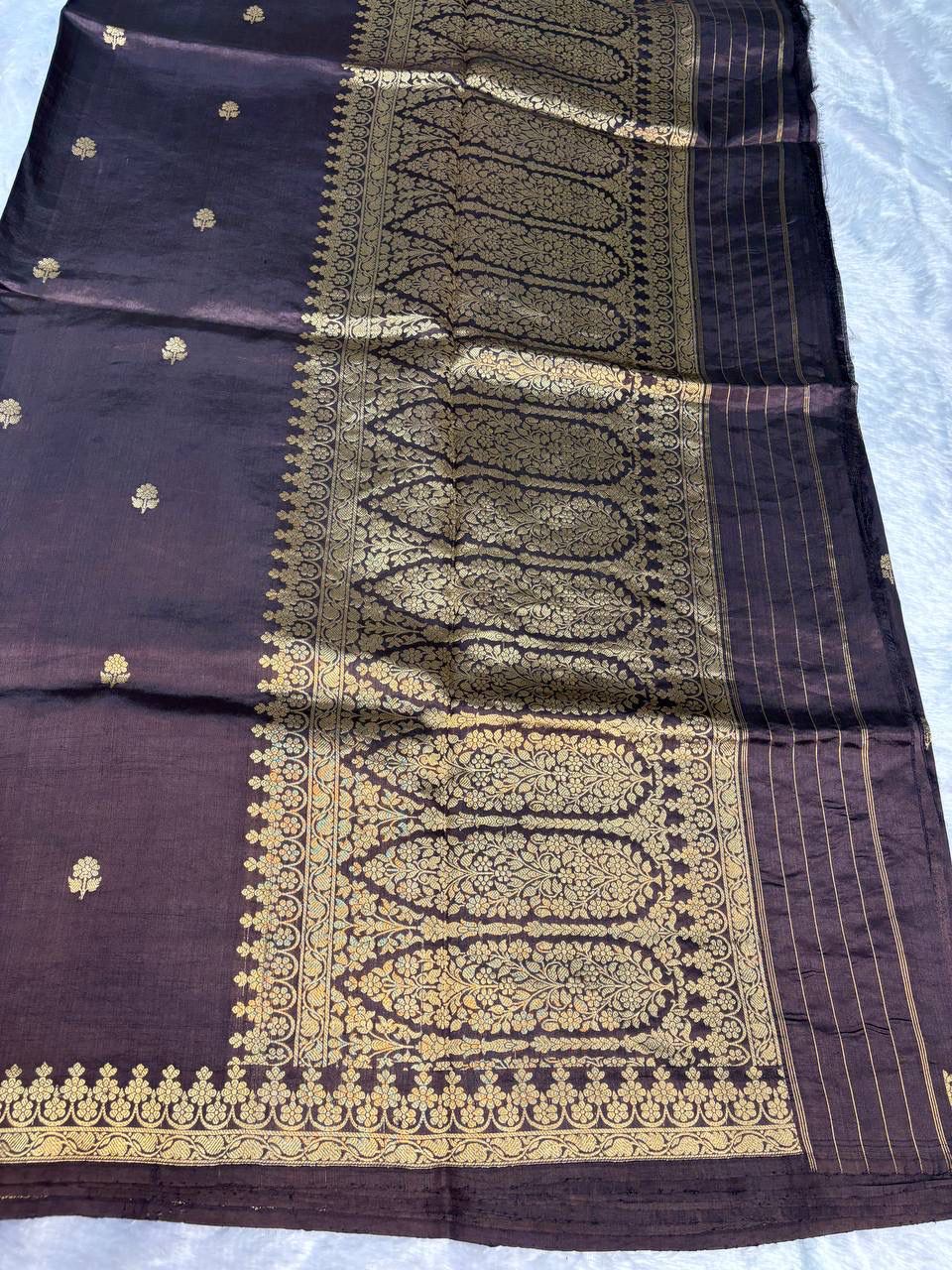 Raw Mango Coffee Brown Handloom Silk Saree with Gold Zari Butis and Traditional Border