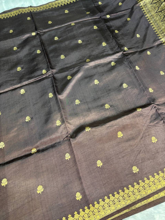 Raw Mango Coffee Brown Handloom Silk Saree with Gold Zari Butis and Traditional Border