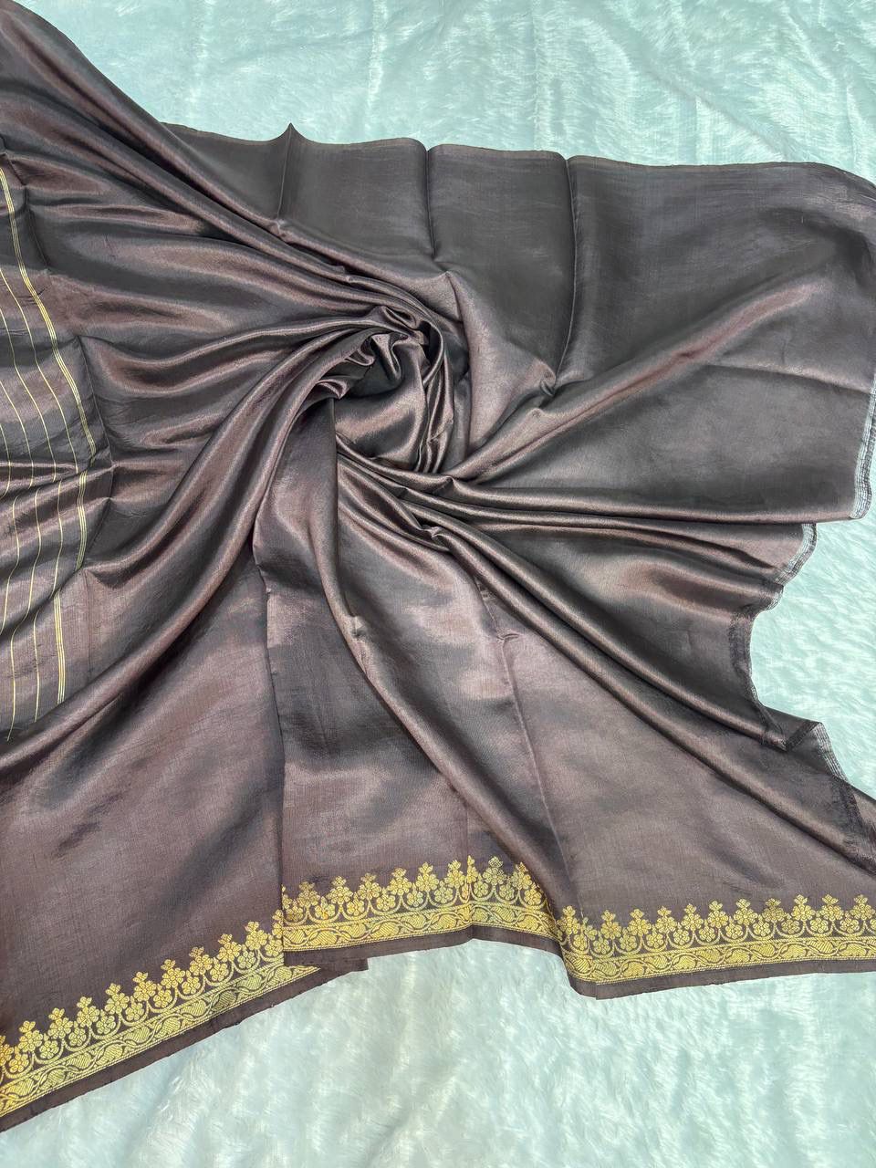Raw Mango Coffee Brown Handloom Silk Saree with Gold Zari Butis and Traditional Border
