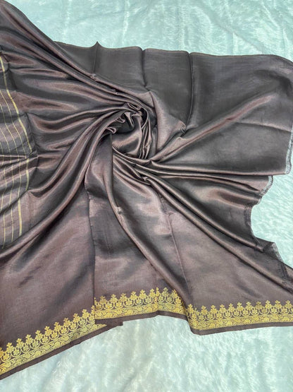 Raw Mango Coffee Brown Handloom Silk Saree with Gold Zari Butis and Traditional Border
