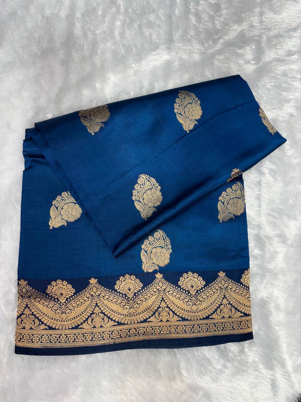 Raw Mango Prussian Blue Handloom Silk Saree with Gold Zari Paisleys and Traditional Border