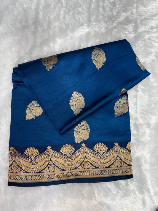 Raw Mango Prussian Blue Handloom Silk Saree with Gold Zari Paisleys and Traditional Border
