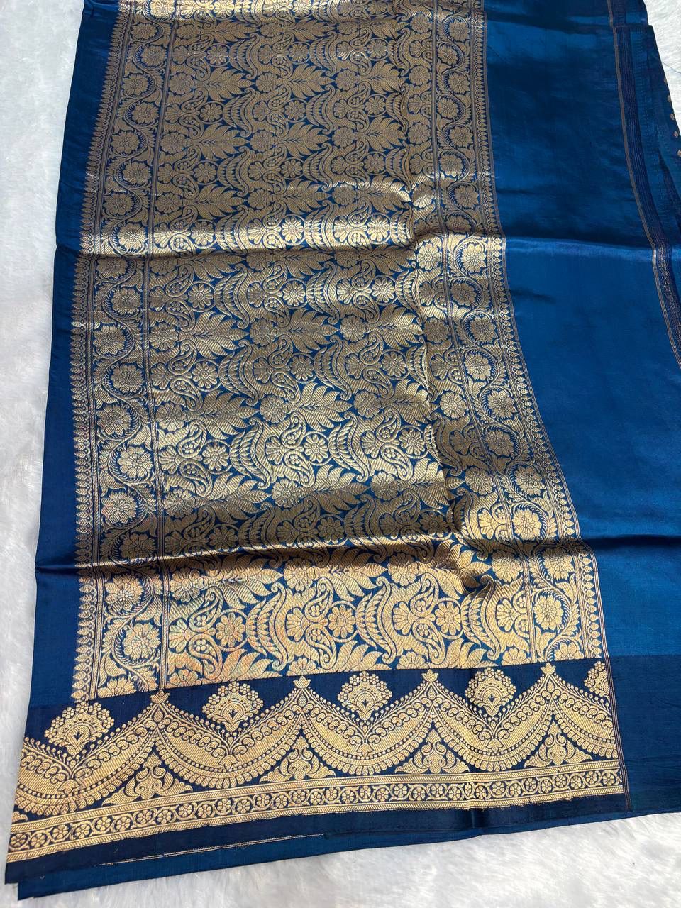 Raw Mango Prussian Blue Handloom Silk Saree with Gold Zari Paisleys and Traditional Border