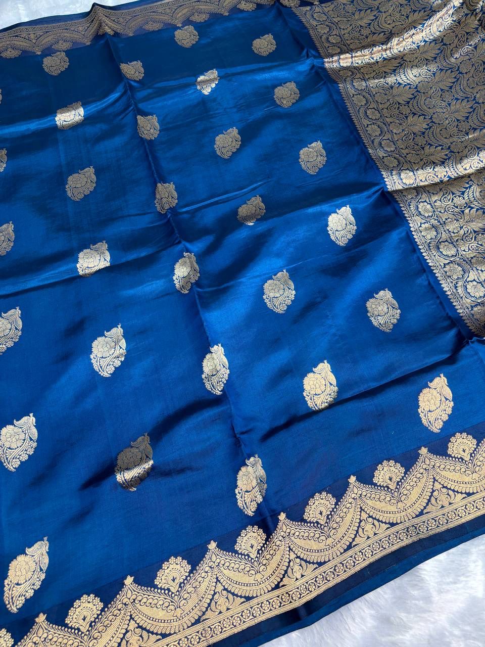 Raw Mango Prussian Blue Handloom Silk Saree with Gold Zari Paisleys and Traditional Border