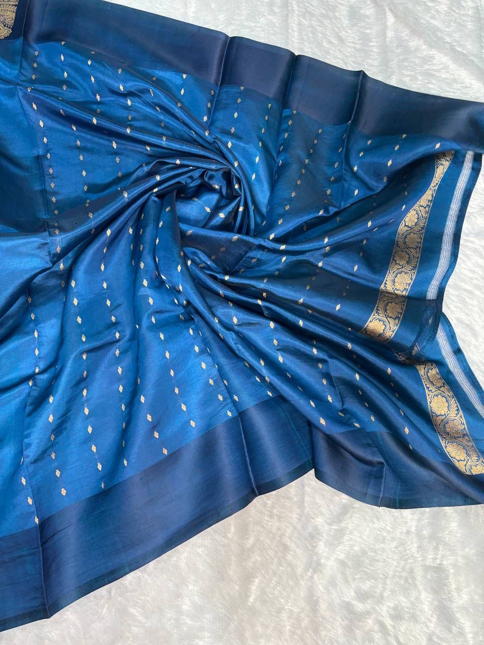 Raw Mango Prussian Blue Handloom Silk Saree with Gold Zari Paisleys and Traditional Border