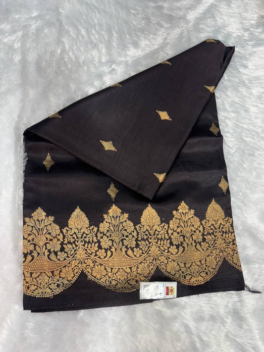 Raw Mango Jet Black Handloom Silk Saree with Gold Zari Diamond Butis and Scalloped Floral Border