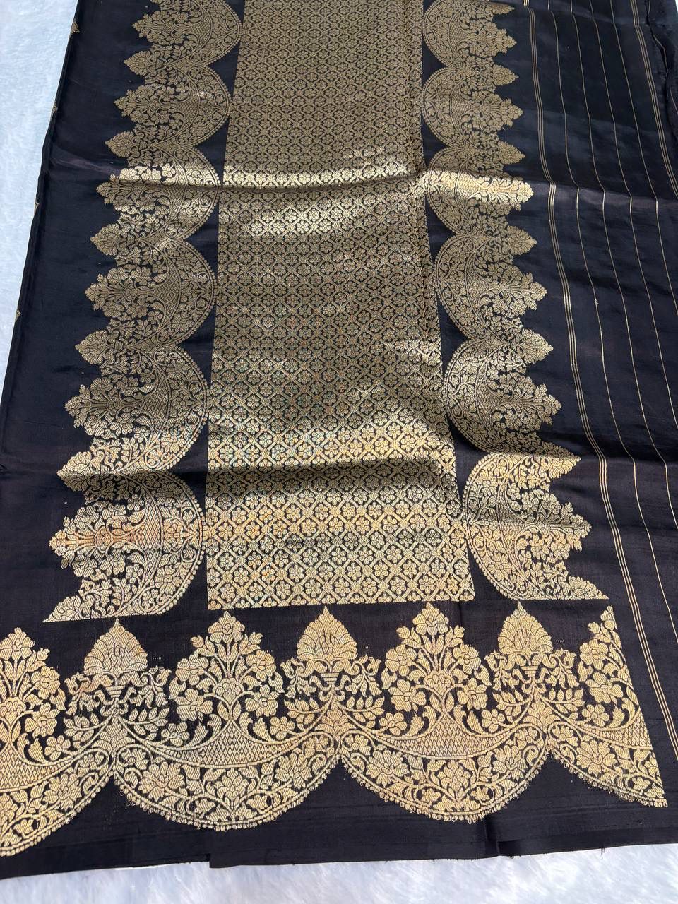 Raw Mango Jet Black Handloom Silk Saree with Gold Zari Diamond Butis and Scalloped Floral Border