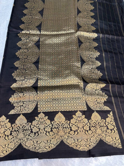 Raw Mango Jet Black Handloom Silk Saree with Gold Zari Diamond Butis and Scalloped Floral Border