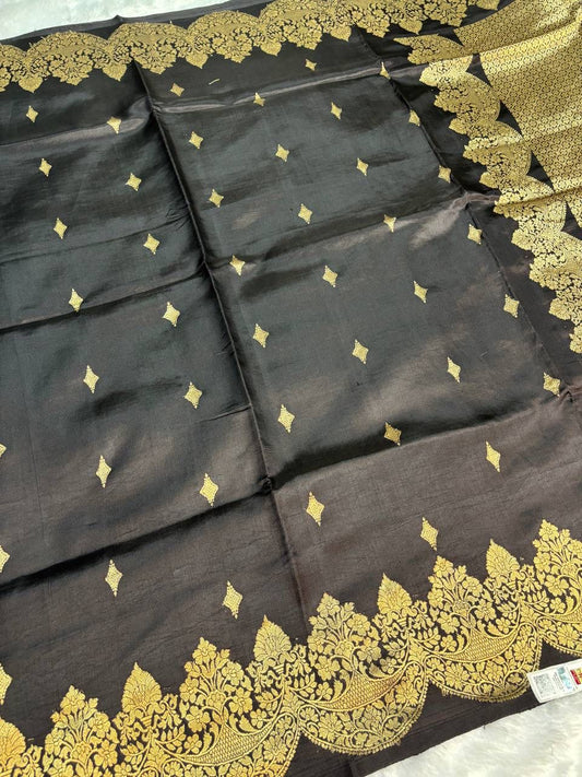 Raw Mango Jet Black Handloom Silk Saree with Gold Zari Diamond Butis and Scalloped Floral Border
