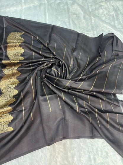 Raw Mango Jet Black Handloom Silk Saree with Gold Zari Diamond Butis and Scalloped Floral Border