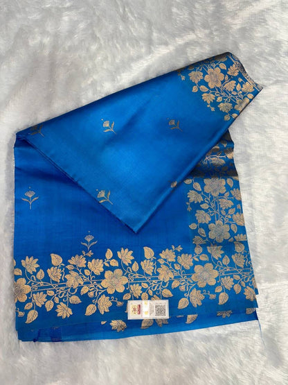 Raw Mango Azure Blue Handloom Silk Saree with Sona Rupa Floral Butis and Banarasi Rose Border