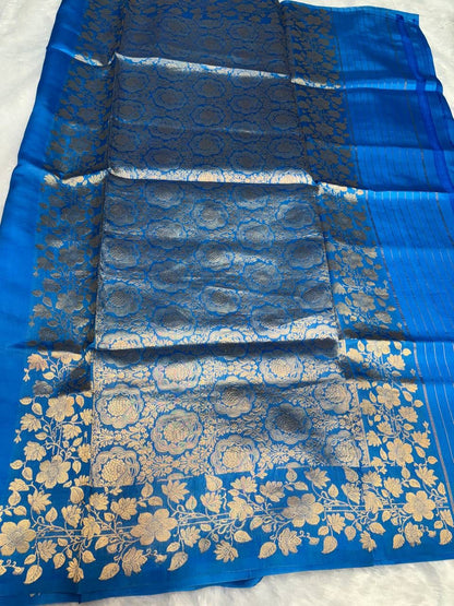 Raw Mango Azure Blue Handloom Silk Saree with Sona Rupa Floral Butis and Banarasi Rose Border