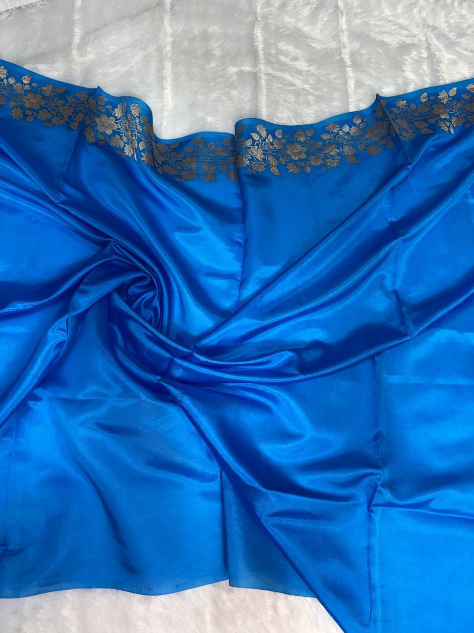 Raw Mango Azure Blue Handloom Silk Saree with Sona Rupa Floral Butis and Banarasi Rose Border