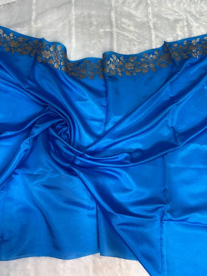 Raw Mango Azure Blue Handloom Silk Saree with Sona Rupa Floral Butis and Banarasi Rose Border