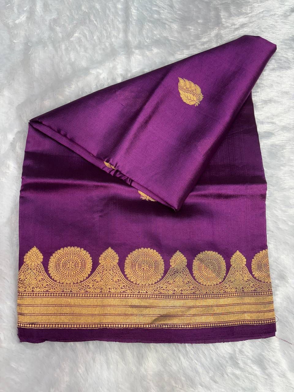 Raw Mango Purple Handloom Silk Saree with Gold Zari Leaf Butis and Ornate Circular Border