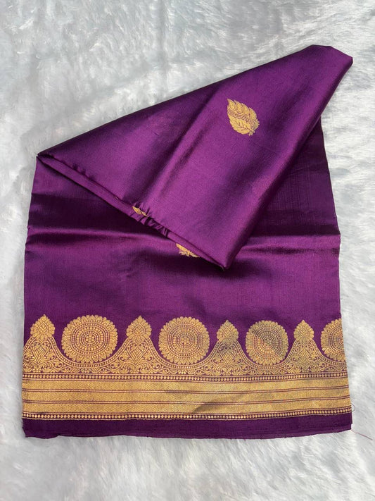 Raw Mango Purple Handloom Silk Saree with Gold Zari Leaf Butis and Ornate Circular Border