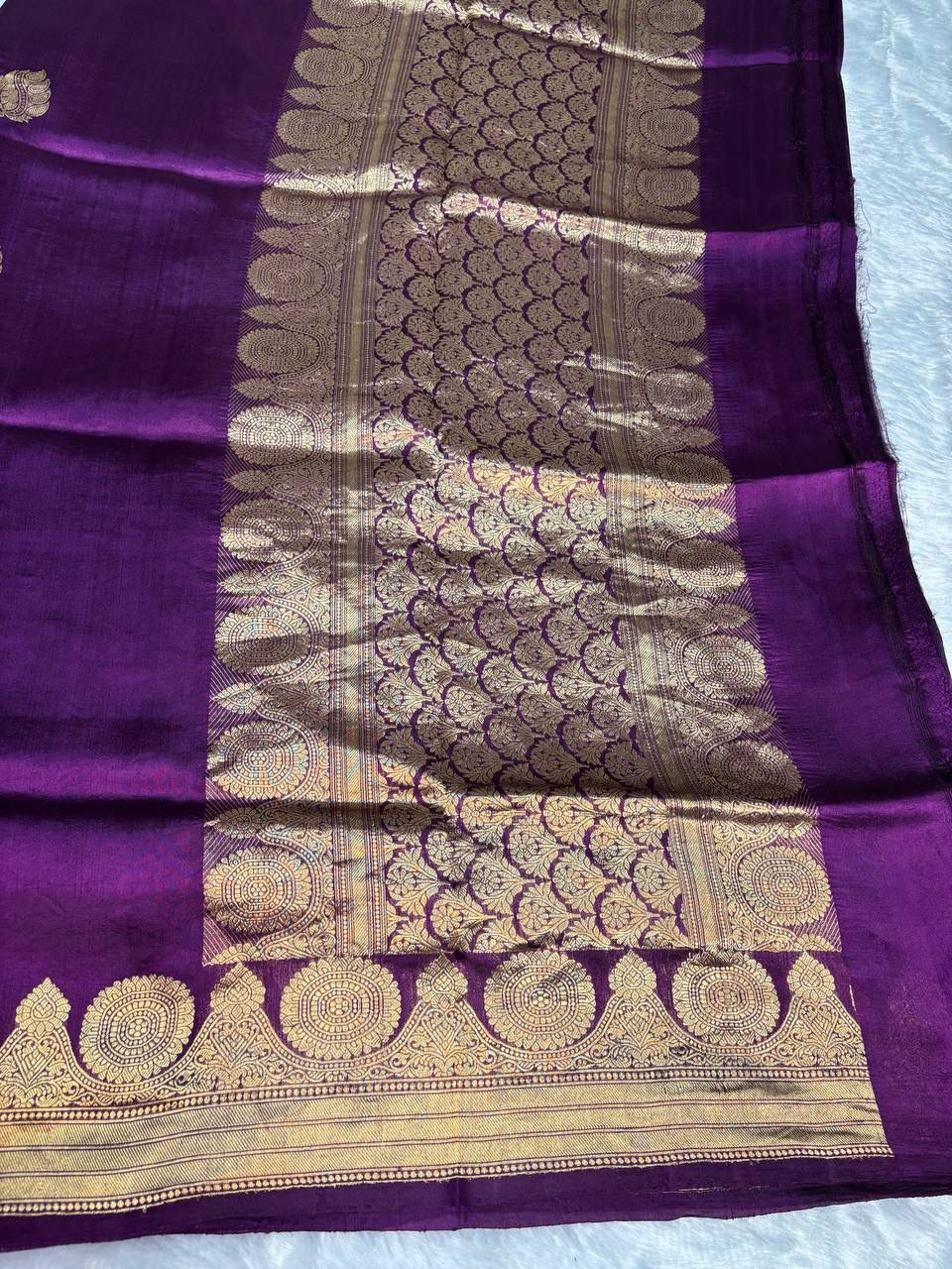 Raw Mango Purple Handloom Silk Saree with Gold Zari Leaf Butis and Ornate Circular Border