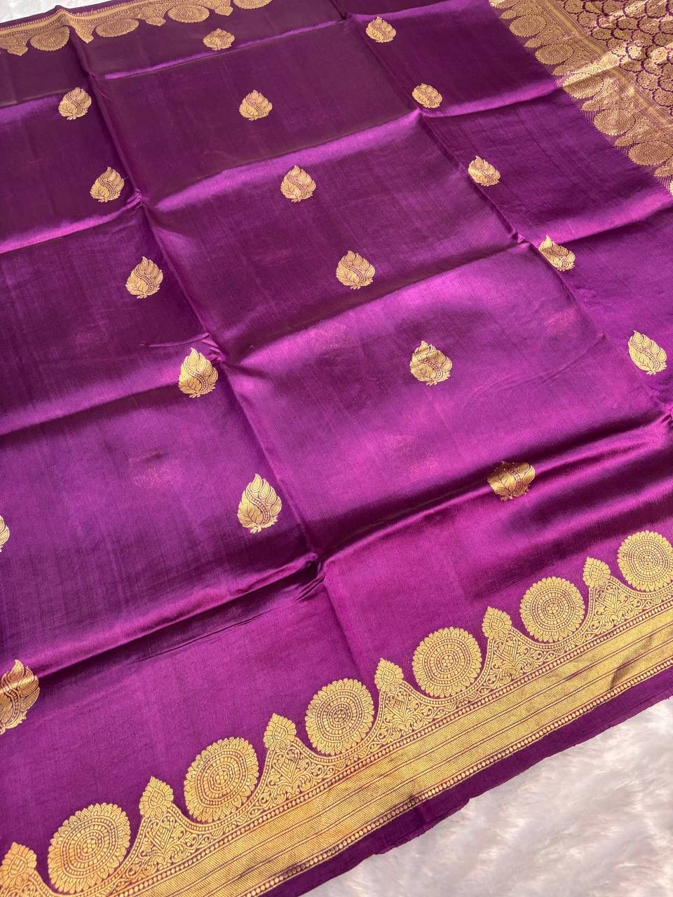 Raw Mango Purple Handloom Silk Saree with Gold Zari Leaf Butis and Ornate Circular Border
