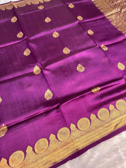Raw Mango Purple Handloom Silk Saree with Gold Zari Leaf Butis and Ornate Circular Border