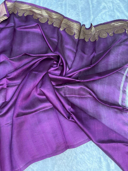 Raw Mango Purple Handloom Silk Saree with Gold Zari Leaf Butis and Ornate Circular Border
