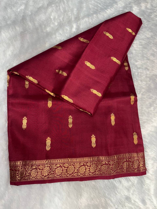 Raw Mango Maroon Handloom Silk Saree with Gold Zari Pine Butis and Banarasi Floral Border