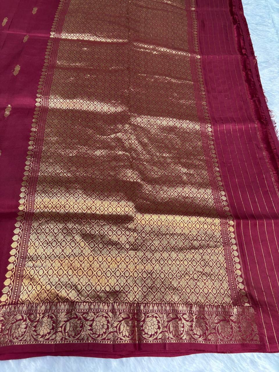 Raw Mango Maroon Handloom Silk Saree with Gold Zari Pine Butis and Banarasi Floral Border