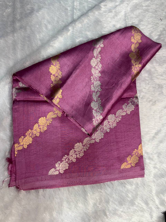 Raw Mango Mauve Handloom Silk Saree with Sona Rupa Floral Leheriya and Banarasi Border