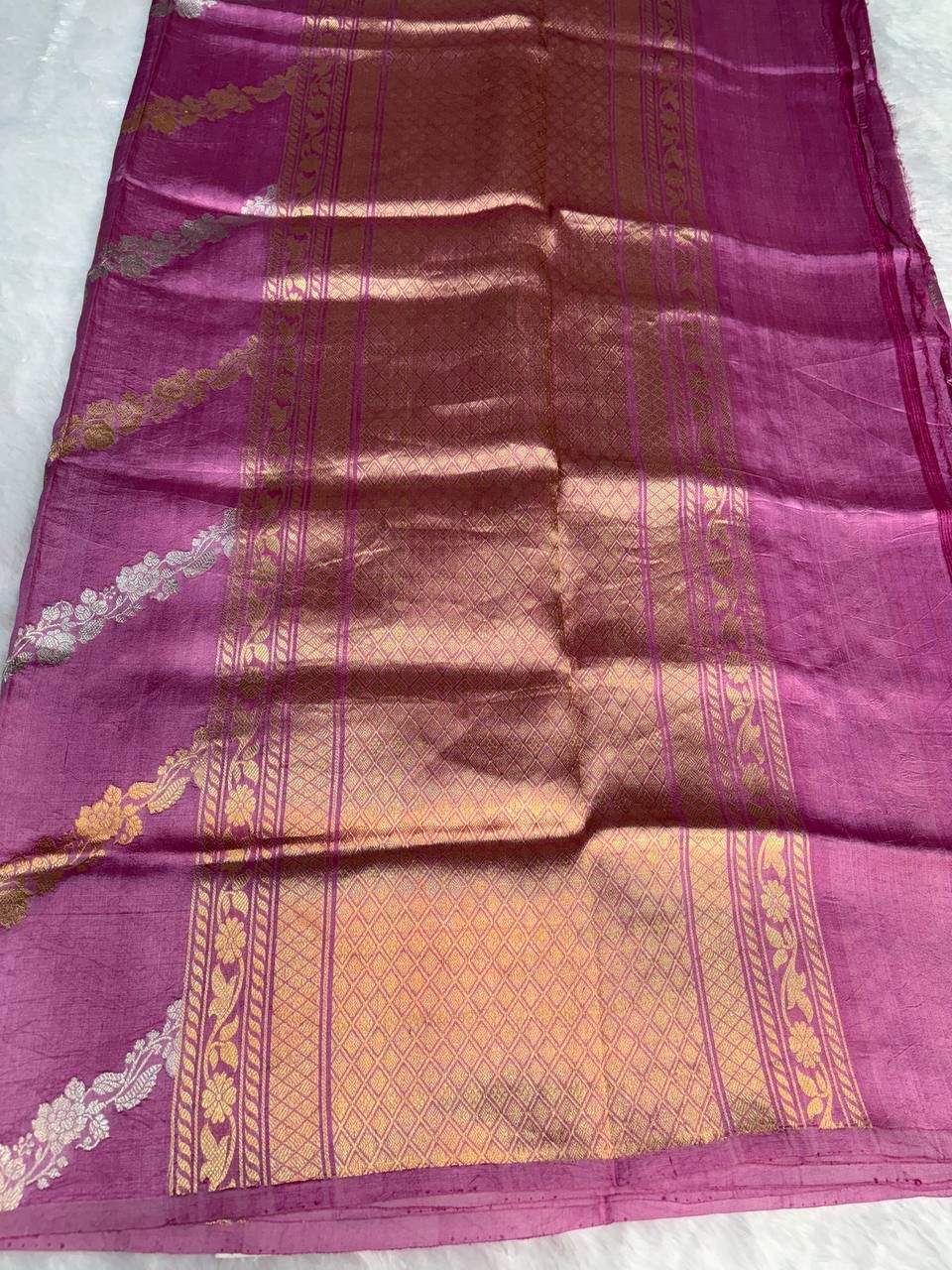 Raw Mango Mauve Handloom Silk Saree with Sona Rupa Floral Leheriya and Banarasi Border