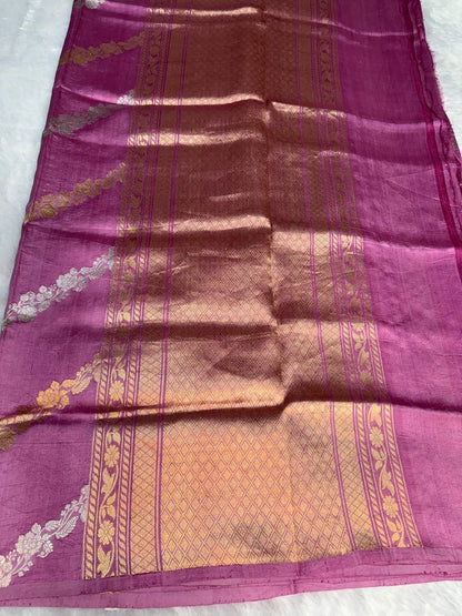 Raw Mango Mauve Handloom Silk Saree with Sona Rupa Floral Leheriya and Banarasi Border