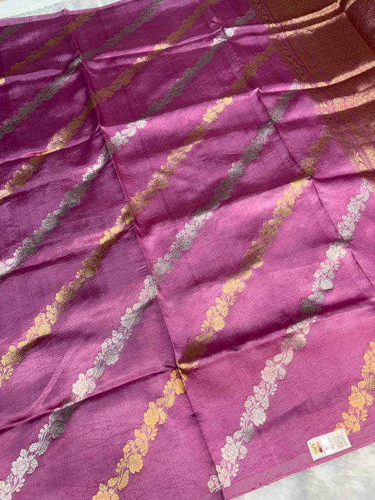 Raw Mango Mauve Handloom Silk Saree with Sona Rupa Floral Leheriya and Banarasi Border