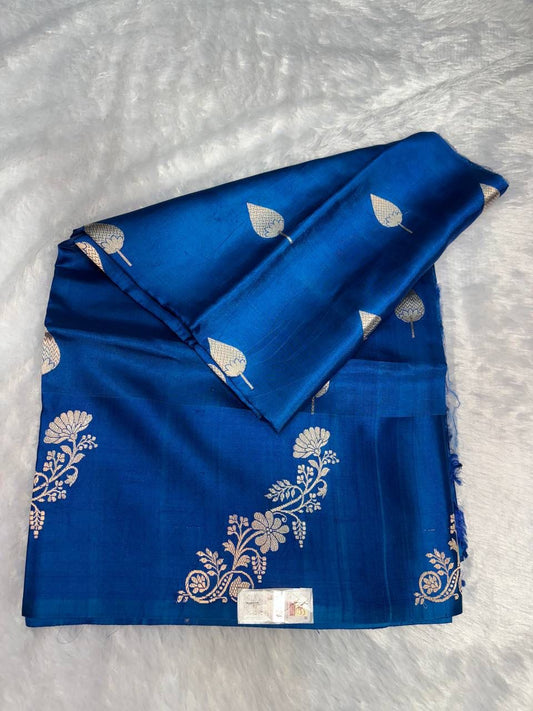 Raw Mango Royal Blue Handloom Silk Saree with Sona Rupa Leaf Butis and Floral Corner Motifs