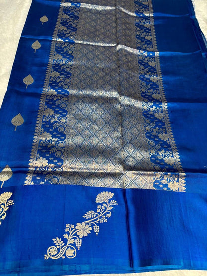 Raw Mango Royal Blue Handloom Silk Saree with Sona Rupa Leaf Butis and Floral Corner Motifs