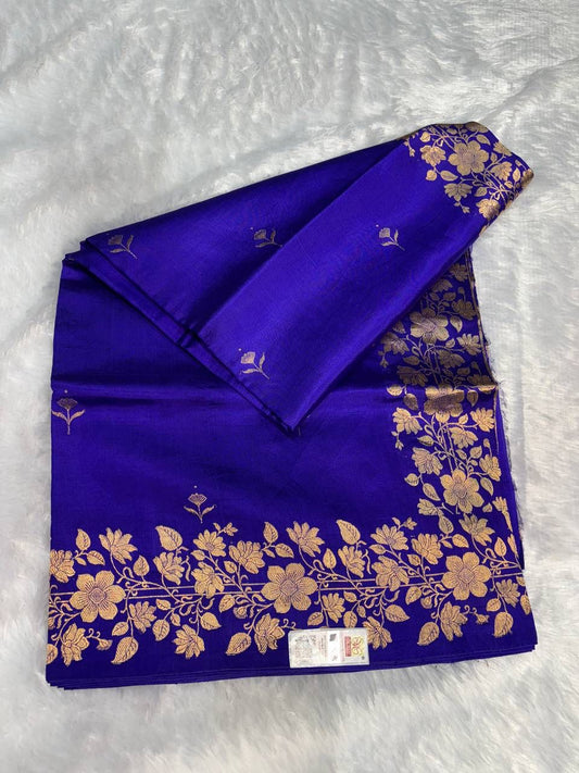 Raw Mango Ultramarine Blue Handloom Silk Saree with Gold Zari Butis and Banarasi Floral Vine Border