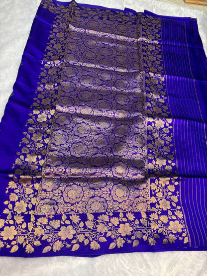 Raw Mango Ultramarine Blue Handloom Silk Saree with Gold Zari Butis and Banarasi Floral Vine Border