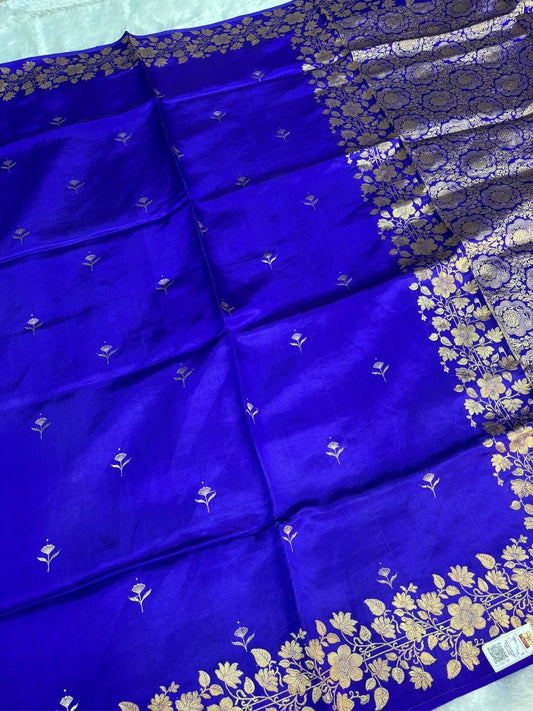 Raw Mango Ultramarine Blue Handloom Silk Saree with Gold Zari Butis and Banarasi Floral Vine Border