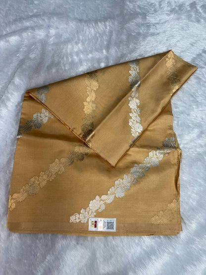 Raw Mango Antique Gold Handloom Silk Saree with Sona Rupa Floral Leheriya and Traditional Border