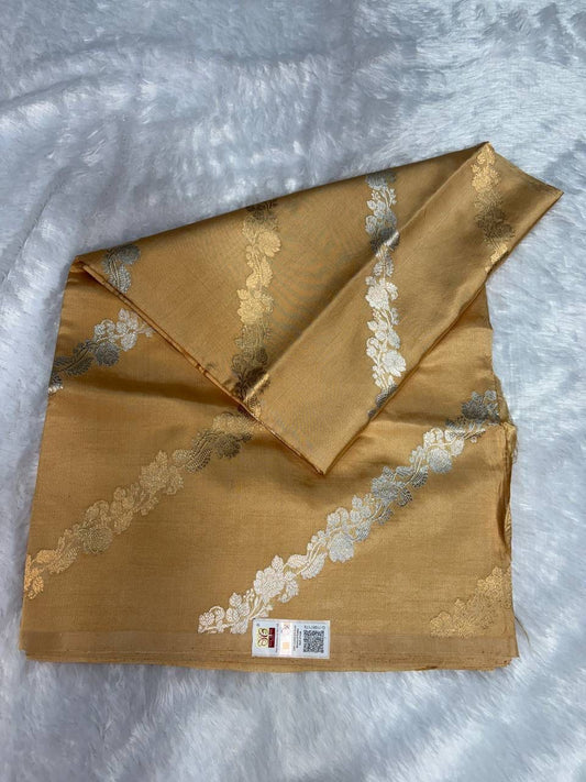 Raw Mango Antique Gold Handloom Silk Saree with Sona Rupa Floral Leheriya and Traditional Border