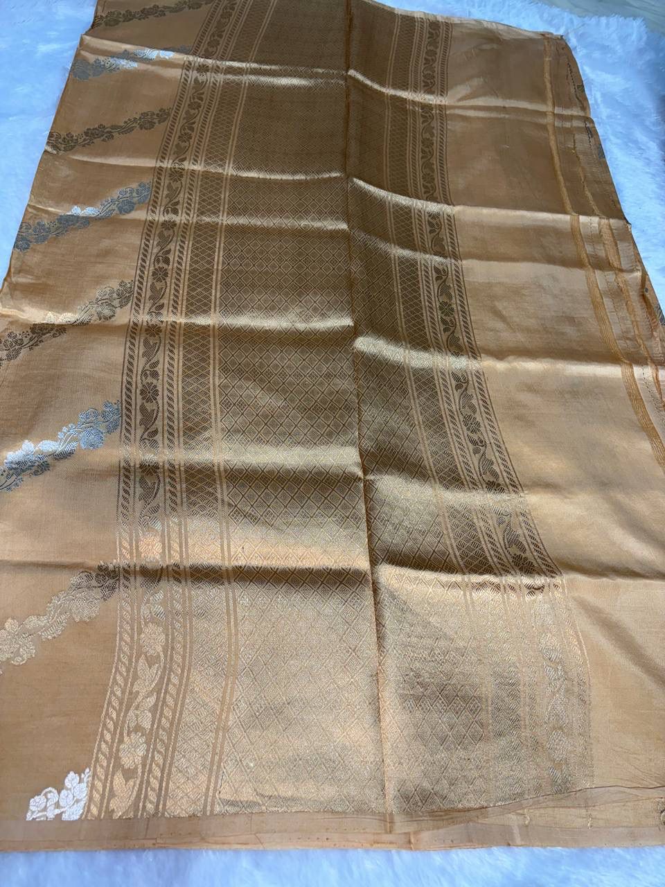 Raw Mango Antique Gold Handloom Silk Saree with Sona Rupa Floral Leheriya and Traditional Border
