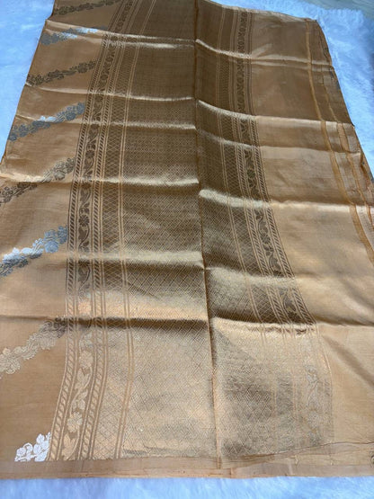 Raw Mango Antique Gold Handloom Silk Saree with Sona Rupa Floral Leheriya and Traditional Border