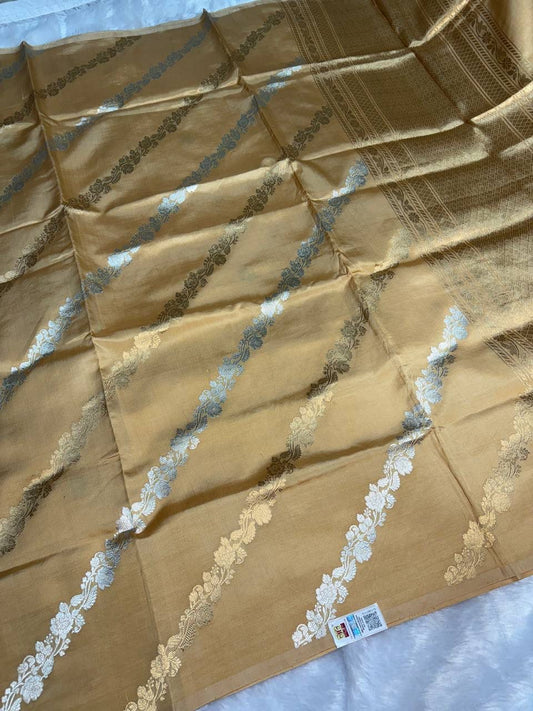 Raw Mango Antique Gold Handloom Silk Saree with Sona Rupa Floral Leheriya and Traditional Border